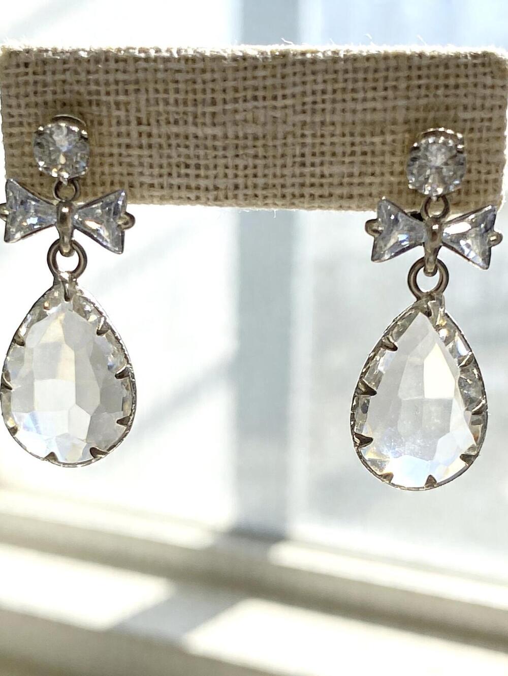 Vintage Marsala Silver-Plate Glass Teardrops & Bows Earrings